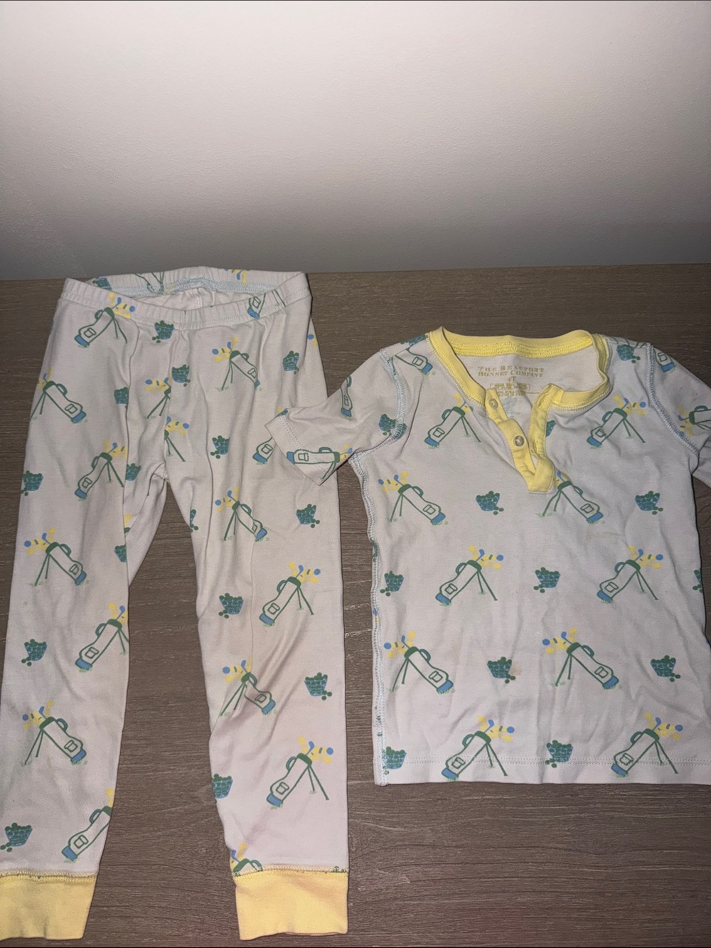 The Beaufort Bonnet Company Cream Pajama Set with Yellow Trim and Teal Print